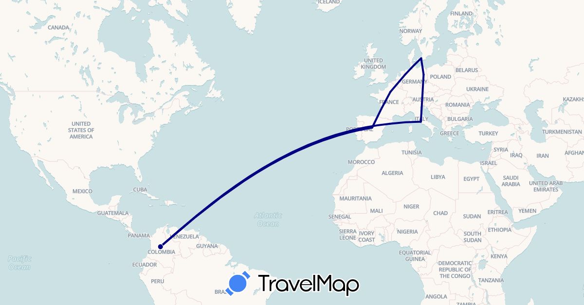 TravelMap itinerary: driving in Colombia, Germany, Denmark, Spain, France, Italy (Europe, South America)